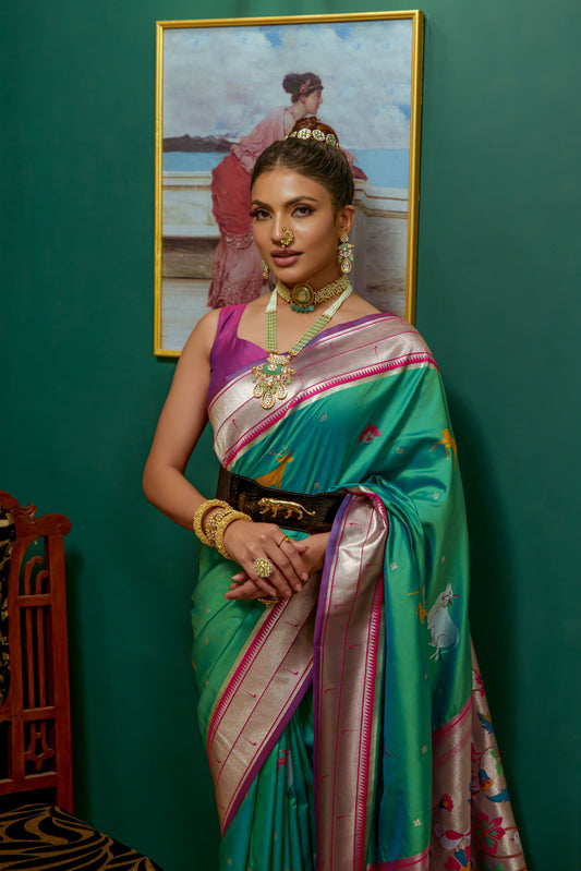 Green Soft Paithani Silk hand woven Saree