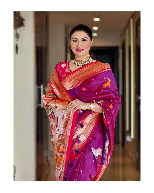 Magenta Soft Paithani Silk hand woven Saree