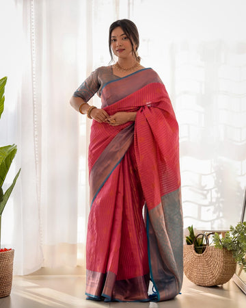 Pink Kanjiwaram Hand Woven Copper Zari Silk Saree