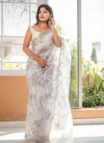 Ivory White Beautifully embroidered Organza Saree