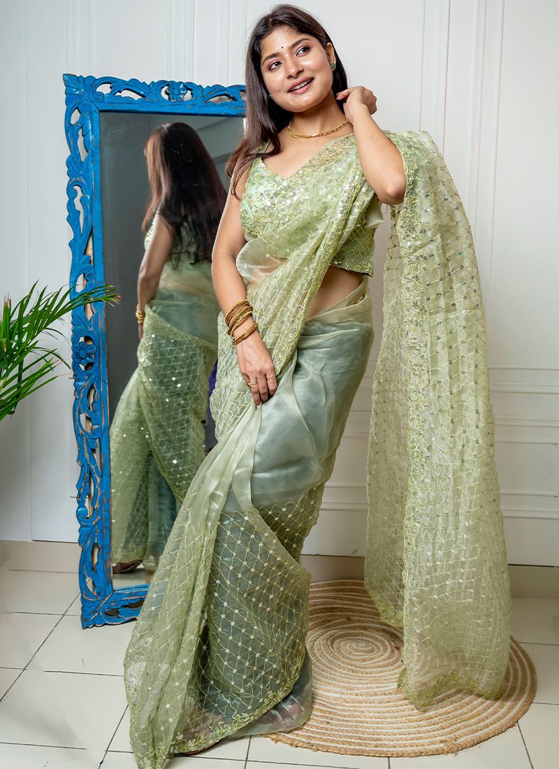 Olive Green Organza Saree